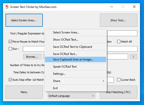 Right Click menu displaying features of Screen Text Clicker